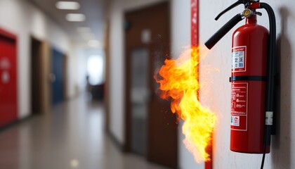 A close-up of a fire extinguisher on the wall, clearly marked, while the blurred background depicts the chaos of rushing staff and civilians, Generative AI
