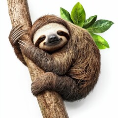 A cheerful sloth clings to a tree branch, surrounded by green leaves, showcasing its adorable and relaxed demeanor.
