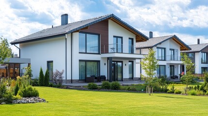 Fototapeta premium Modern houses with large windows and green lawns under a blue sky.