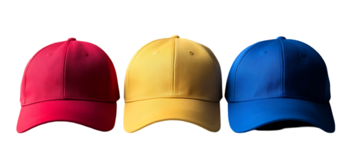 collection of three blue red yellow baseball caps isolated transparent background