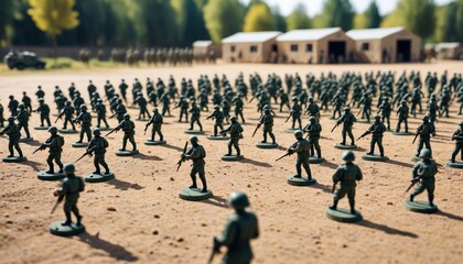 A clear shot of a training area with soldiers practicing drills in the foreground, while the blurred background illustrates the chaotic movement of personnel preparing for an exercise, Generative AI
