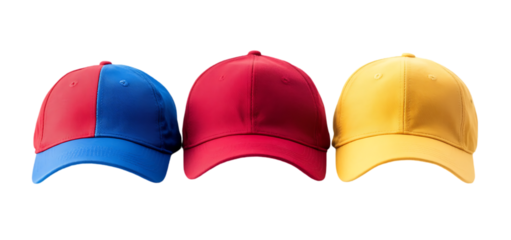 collection of three blue red yellow baseball caps isolated transparent background