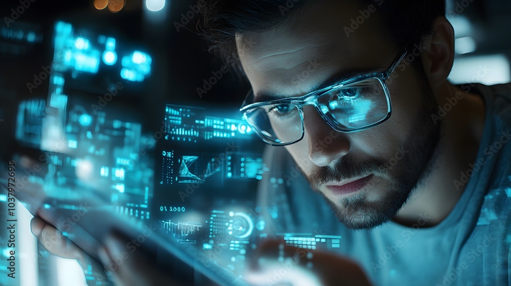 Poster man with futuristic digital tablet on a project.