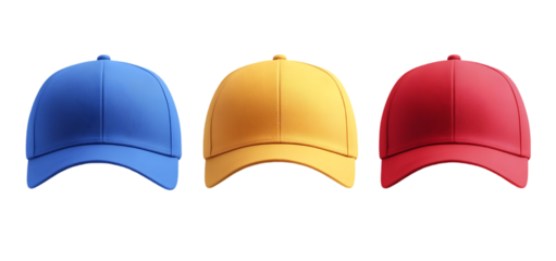 collection of three blue red yellow baseball caps isolated transparent background