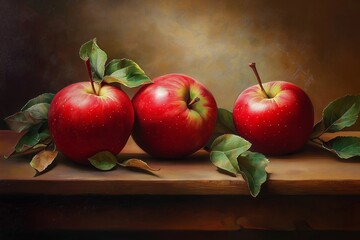 fresh red apples on wooden table by generative ai