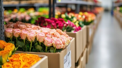 Rows of boxes filled with pink and orange roses at a floral wholesale warehouse, emphasizing supply chain and commercial floral business.