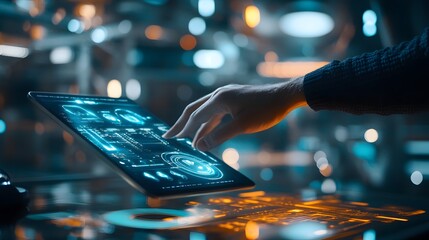 Man with futuristic digital tablet on a project. 