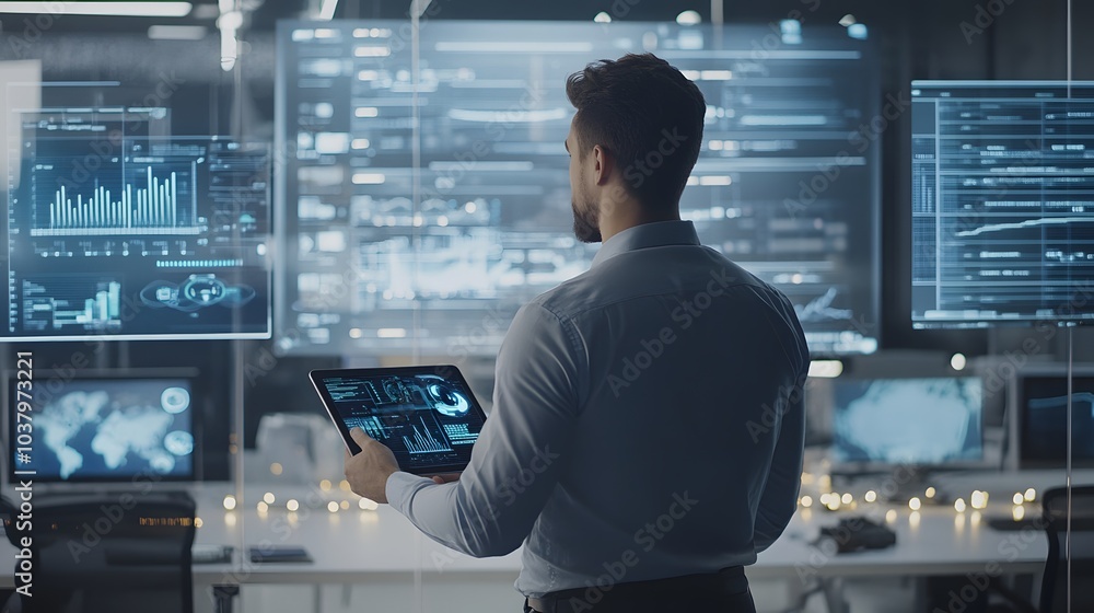 Poster man with futuristic digital tablet on a project.