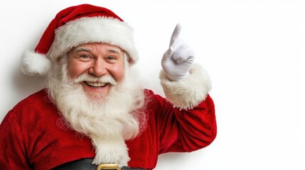 Santa Claus peeks out from a blank white wall, smiling and pointing at the space, ready for Christmas promotions or greetings.