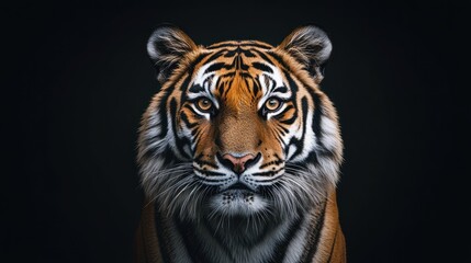 Fototapeta premium A close-up portrait of a tiger against a dark background, showcasing its striking features.