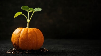 A small pumpkin with sprouting leaves on soil, symbolizing growth and nature.
