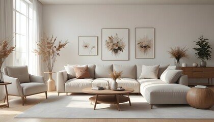 A minimalist living room with neutral-toned furniture, including a large sectional sofa , armchairs , and a wooden coffee table.