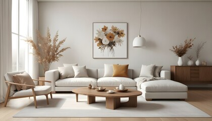 A minimalist living room with neutral-toned furniture, including a large sectional sofa , armchairs , and a wooden coffee table.