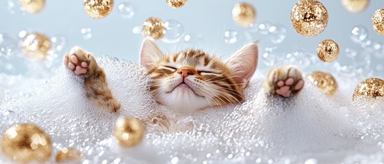 Obraz premium A playful cat is relaxing in a bath of bubbles, surrounded by floating golden spheres, creating a whimsical and cheerful atmosphere.