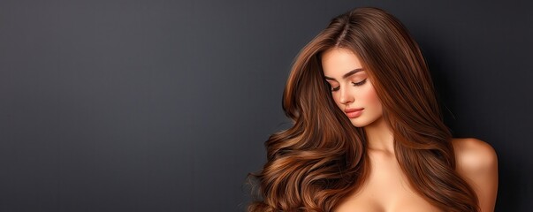 Naklejka premium A woman with long, flowing brown hair is posing for the camera against a dark gray background. The focus of her face and body should be on showcasing her healthy, shiny hair