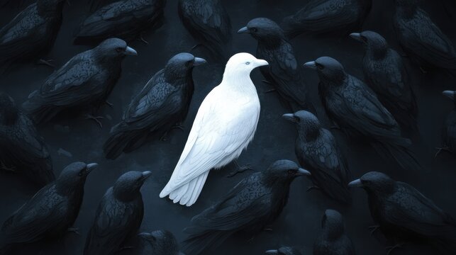 The white crow among black crows concept, depicting an outsider or unique individual in contrast to the crowd.