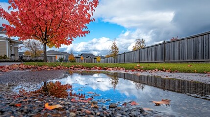 Obraz premium Backyard with standing water reflecting the surrounding trees and sky, capturing the serene beauty of nature's reflection and the tranquility of a still moment.