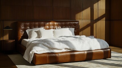 Obraz premium Luxurious Brown Leather Bed in a Modern Bedroom