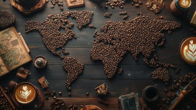 World map made by coffee bean in wooden table