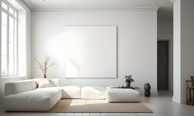 A minimalist living room with a large white canvas on the wall, a white sofa, and a small table with decorative items.