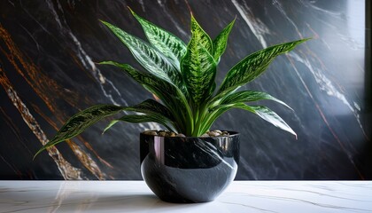 A glossy black marble background reflecting the elegance and sophistication of the image. A snake plant in a sleek, shiny black marble pot is placed at the forefront of the image.