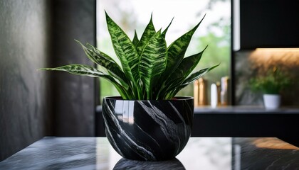 A glossy black marble background reflecting the elegance and sophistication of the image. A snake plant in a sleek, shiny black marble pot is placed at the forefront of the image.