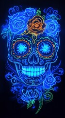 Vibrant Neon Skull with Blue Roses and Bright Details