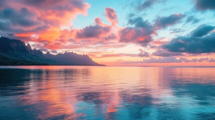 Fototapeta premium A serene coastal sunset reflecting vibrant colors on calm waters and distant mountains.