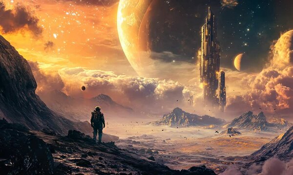 Astronaut Gazing at a Futuristic City on an Alien Planet