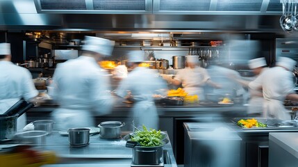 Blurred motion in a bustling commercial kitchen with chefs preparing delectable dishes