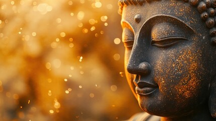 A close-up of a Buddha statue serene face, with radiant energy waves gently emanating from behind, creating a soft golden glow, while the background is softly blurred, offering ample copy space