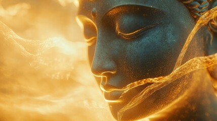 A close-up of a Buddha statue serene face, with radiant energy waves gently emanating from behind, creating a soft golden glow, while the background is softly blurred, offering ample copy space