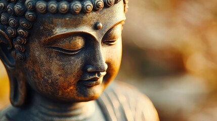 A close-up of a Buddha statue serene face, with radiant energy waves gently emanating from behind, creating a soft golden glow, while the background is softly blurred, offering ample copy space