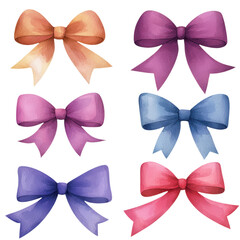 A vibrant collection of watercolor bows in various colors, perfect for decorative purposes or gift wrapping.