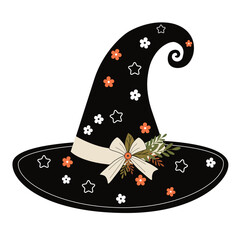 Fantasy witch's hat decorated with stars and flowers graphic element design on white background. Vector illustration for Halloween.