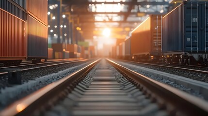 Obraz premium Aerial View of Container Cargo Freight Logistics Hub Trains Tracks in Industrial City Landscape