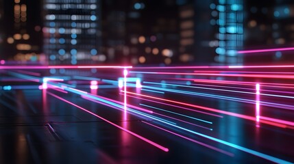 Obraz premium Futuristic Neon Lights Streaking Across Cityscape Illuminating Dynamic Urban Atmosphere