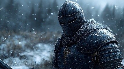 Unflinching Knight in Shimmering Dark Armor Grips Broadsword Amidst Frozen Windswept Landscape