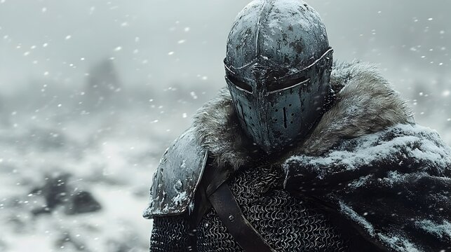 Courageous Knight Marching Through a Fierce Whiteout,Unsheathed Blade in Hand,Resolute Expression on Weathered Face