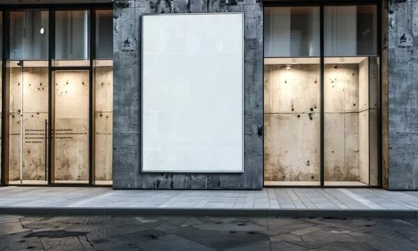 The image is a 3D rendering of a modern storefront with a large glass window