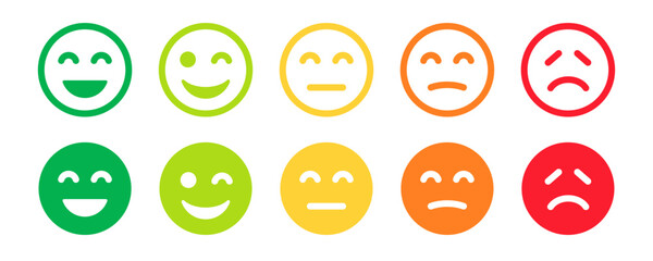 Feedback Emoticons face icon set. Feedback rating emoji. Bad and Good Review. Happy and Sad reaction. Mood faces for survey, rating icons. Vector illustration