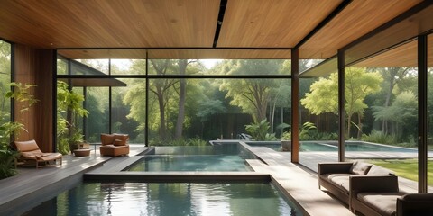 A modern glass and wood house with a swimming pool in the foreground, surrounded by lush greenery and trees.