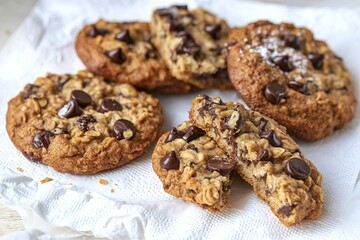 A delicious oatmeal cookies with chocolate on a white napkin background