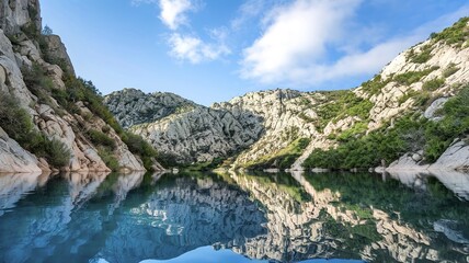 Blue clear water with rock mountain