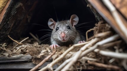 Rat nest discovered in an attic, with a pest control technician removing it to prevent further infestation 