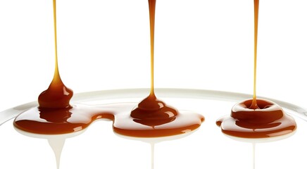 Pouring caramel sauce isolated on white background