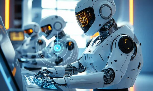 A close-up shot of a futuristic robot, wearing a white helmet with a visor, sitting at a workstation. The robot is using its articulated hands to operate a computer panel.