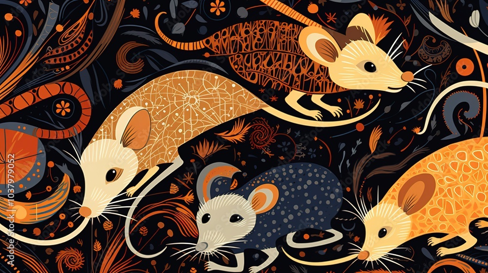 Poster playful, textured pattern, a mouse or rat illustrated with lively patterns and dynamic textures, cre