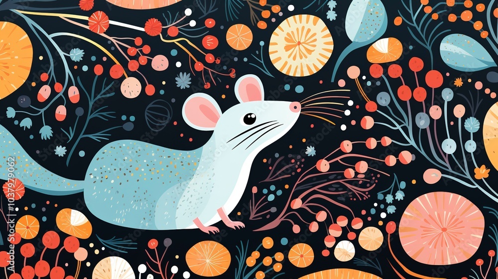 Poster playful, textured pattern, a mouse or rat illustrated with lively patterns and dynamic textures, cre