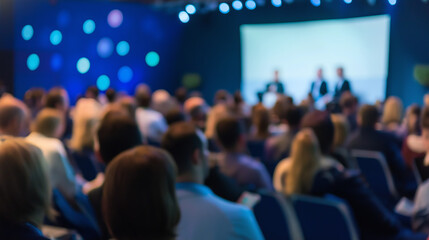 Business Conference with Focused Speaker - A business conference where the speaker is in focus and the audience is blurred.